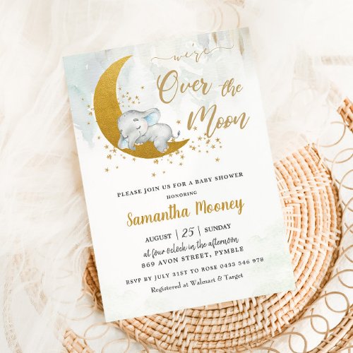 Cute Elephant Were Over the Moon Boy Baby Shower  Invitation