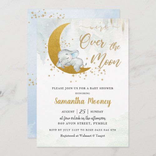 Cute Elephant Were Over the Moon Boy Baby Shower  Invitation