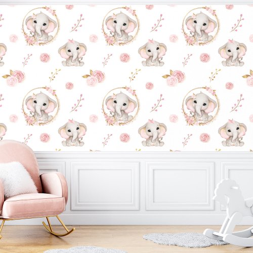 Cute Elephant White Pink Floral Girl Wallpaper