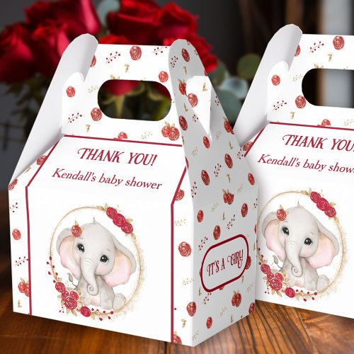 Cute Elephant White Red Flowers Girl Baby Shower Favor Boxes