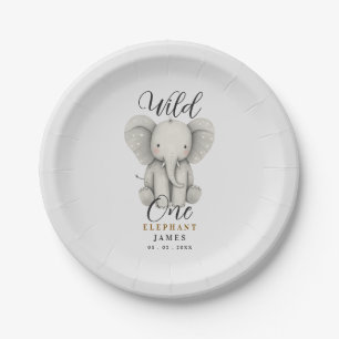 cute elephant wild first one birthday paper plates