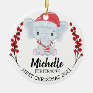 Cute Elephant Winter Holiday Baby's 1st Christmas Ceramic Ornament
