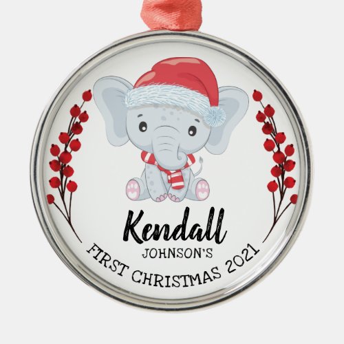 Cute Elephant Winter Holiday Babys 1st Christmas Metal Ornament