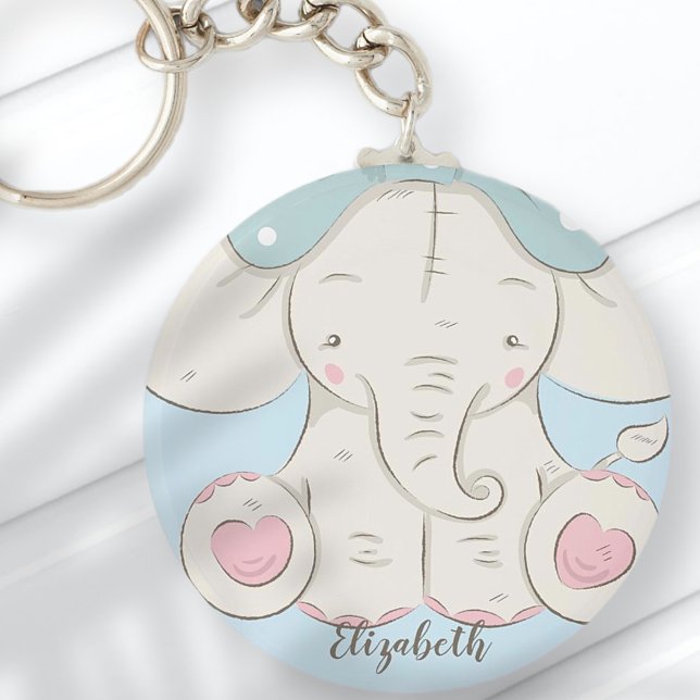 Cute Elephant with a Bow Add Your Name Keychain (Creator Uploaded)