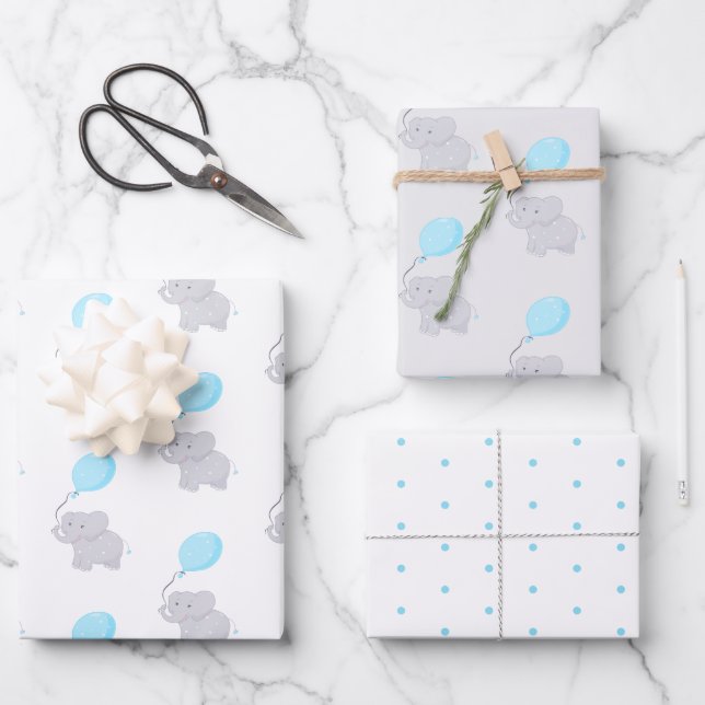 Cute Elephant with Balloon | Baby Boy Wrapping Paper Sheets (Front)