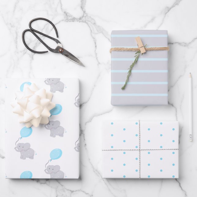 Cute Elephant with Balloon | Baby Boy Wrapping Paper Sheets (Front)