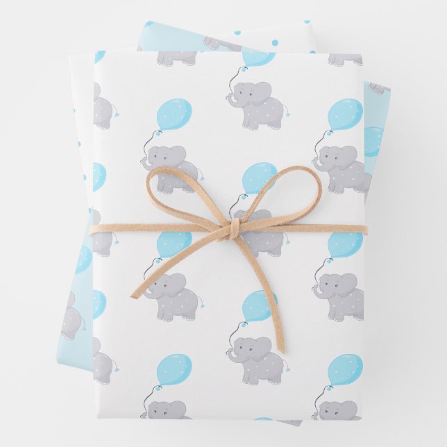 Cute Elephant with Balloon | Baby Boy Wrapping Paper Sheets (In situ)