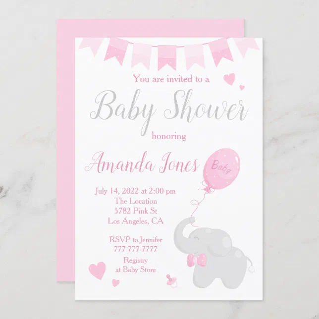 Cute Elephant with Balloon Baby Shower Girl Invitation | Zazzle