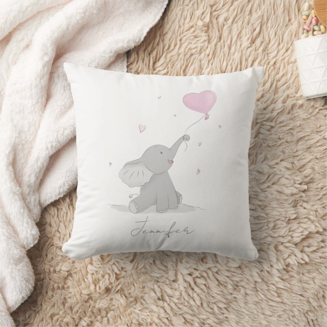 Cute Elephant with Balloon Name Throw Pillow (Blanket)