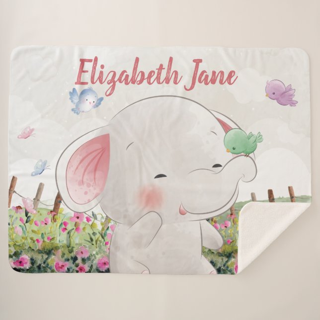 Cute Elephant with Birds Blush Floral Landscape Sherpa Blanket (Front (Horizontal))