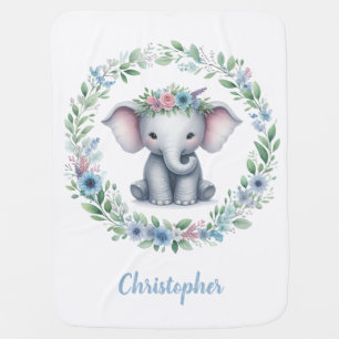 Cute Elephant with Blue Floral Baby Blanket