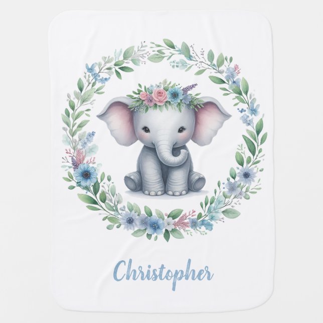 Cute Elephant with Blue Floral Baby Blanket (Front)