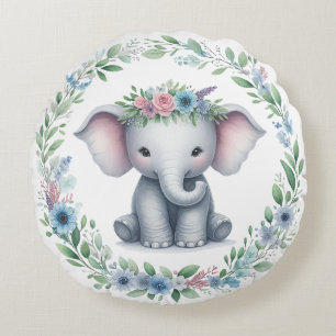 Cute Elephant with Blue Floral Round Pillow