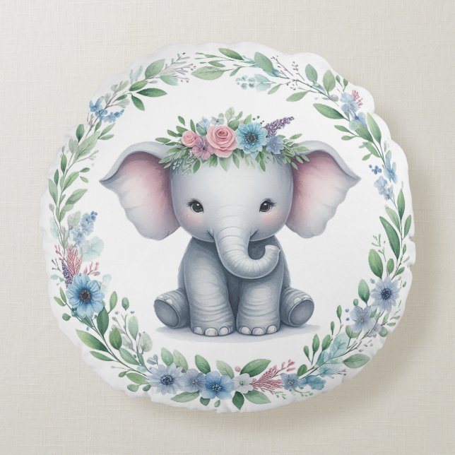 Cute Elephant with Blue Floral Round Pillow (Front)