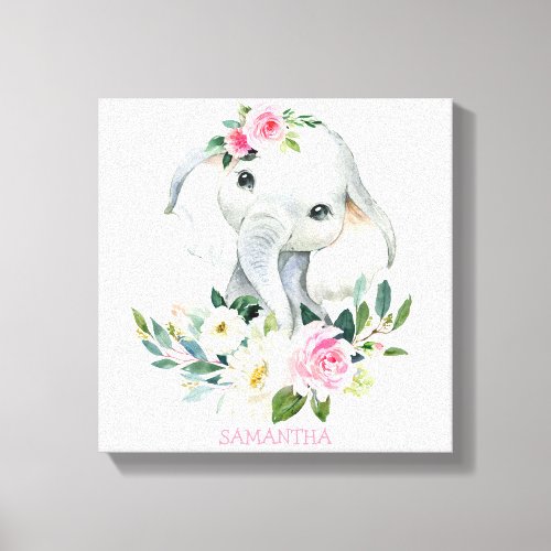 Cute elephant with boho florals new baby nursery canvas print