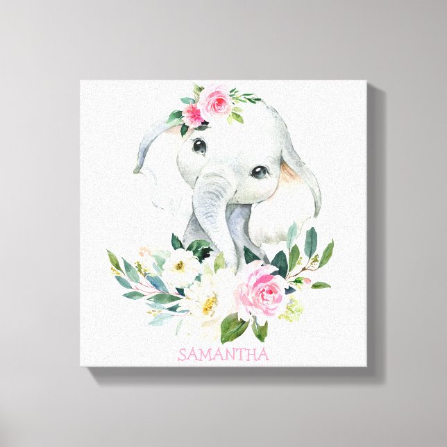 Cute elephant with boho florals new baby nursery canvas print (Front)