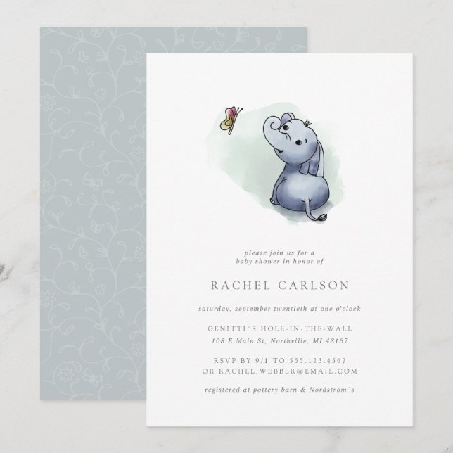 cute elephant with butterfly baby shower invitation (Front/Back)