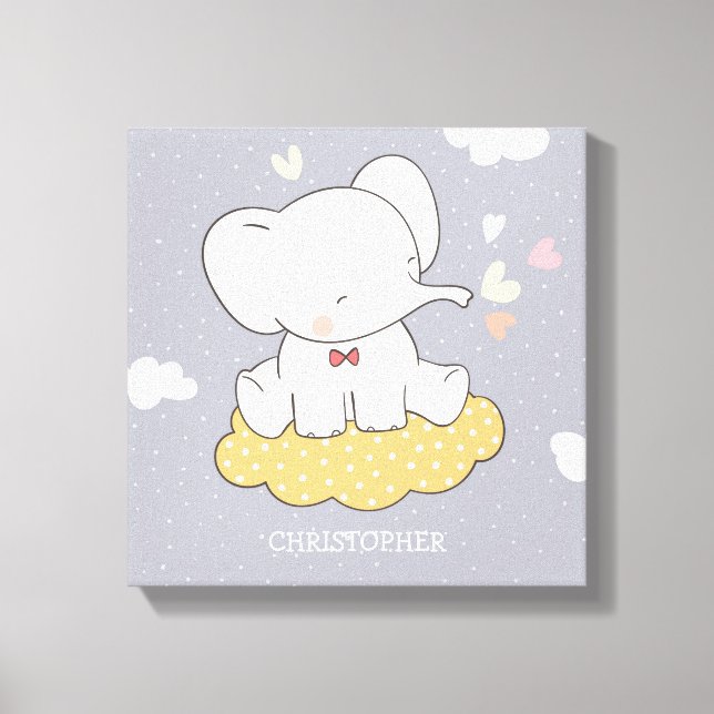 Cute elephant with clouds for boy nursery canvas print (Front)