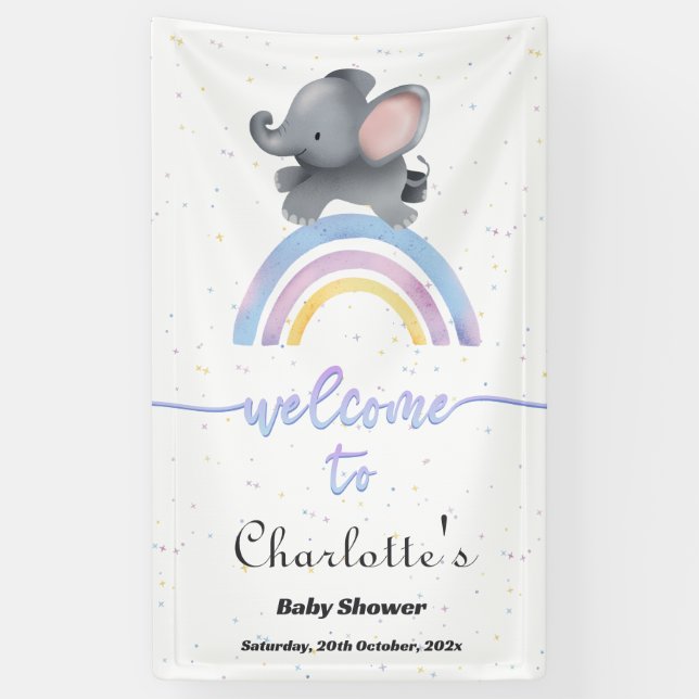 Cute Elephant with Colorful Rainbow Baby Shower Banner (Vertical)