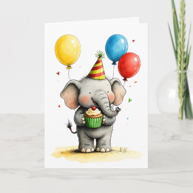 Cute Elephant with Cupcake Kid's Happy Birthday Card (Front)