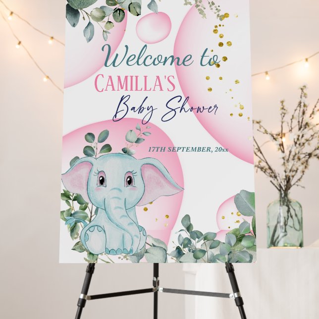 Cute Elephant with Eucalyptus and Pink BubblesFoam Foam Board (In Situ (Stand))