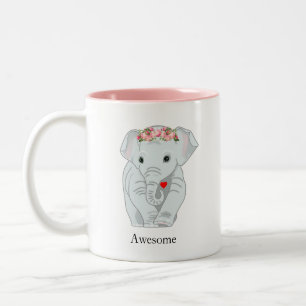 Cute Elephant with Flower Crown Holding a Heart Two-Tone Coffee Mug