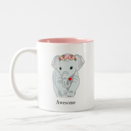 Cute Elephant with Flower Crown  Holding a Heart Two_Tone Coffee Mug