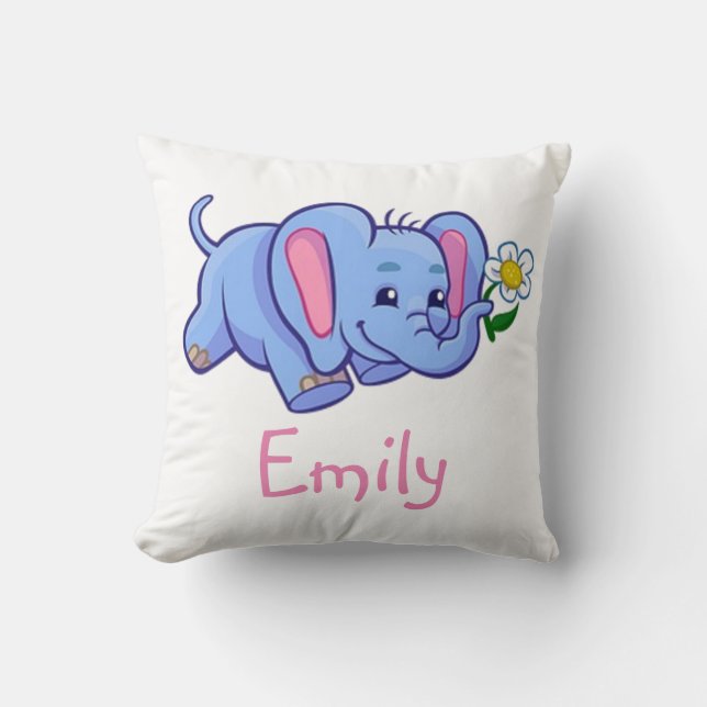 Cute Elephant with Flower Jungle Animal Kids Name Throw Pillow (Front)