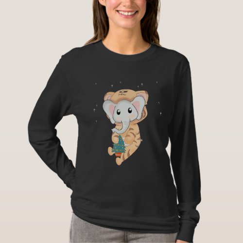 Cute Elephant With Funny Tiger Pajama And Christma T_Shirt