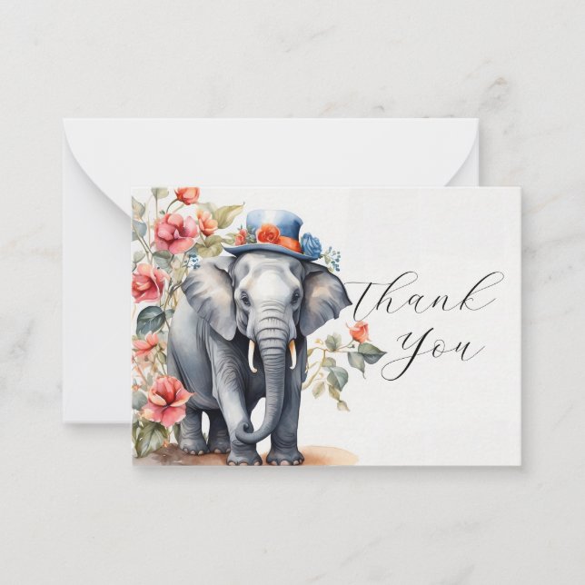 Cute Elephant With Hat Thank You Note Card (Front)