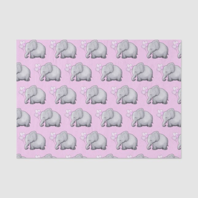Cute Elephant with Heart Balloons Pink Baby Shower Tissue Paper (Front)