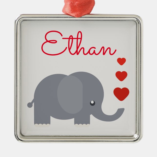 Cute elephant with hearts personal name metal ornament (Front)