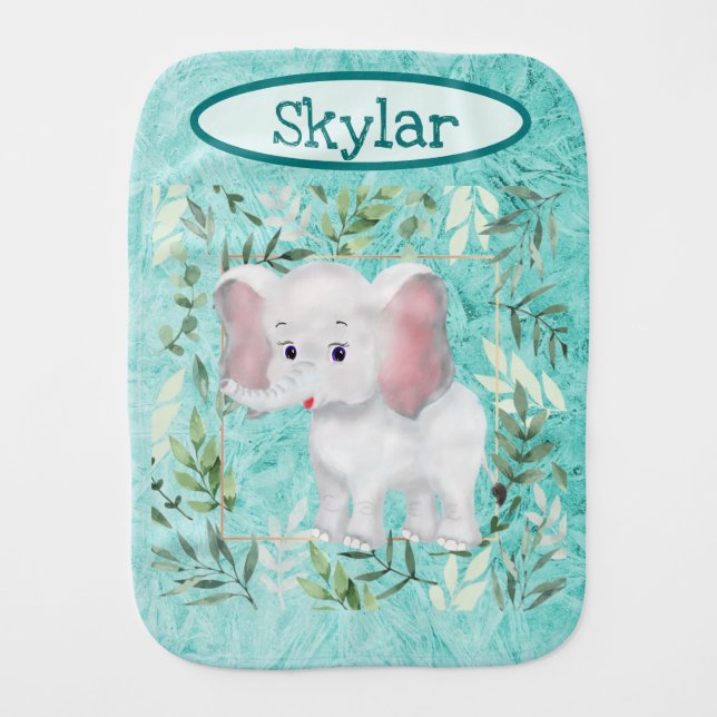 Cute Elephant -with Leaf Border Baby Burp Cloth (Front)