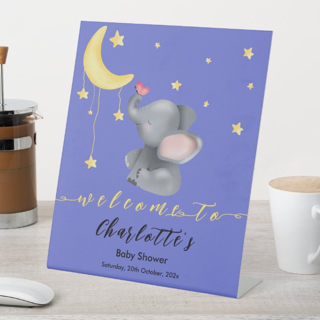 Cute Elephant With Little Butterfly Baby Shower Pedestal Sign (In SItu)