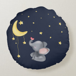 Cute Elephant With Little Butterfly Under The Moon Round Pillow