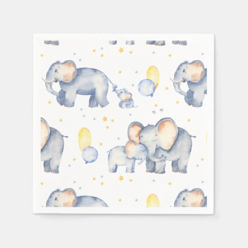 Cute Elephant with Mommy Watercolor Baby Shower Napkins