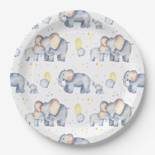 Cute Elephant with Mommy Watercolor Baby Shower Paper Plates