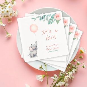 Cute Elephant with Pink Balloon Baby Shower Napkins
