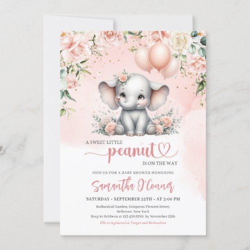 Cute elephant with pink balloons and flowers girl invitation