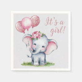 Cute Elephant with Pink Balloons Girl Baby Shower Napkins