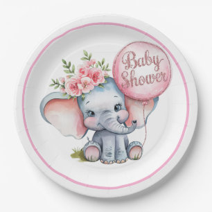 Cute Elephant with Pink Balloons Girl Baby Shower Paper Plates