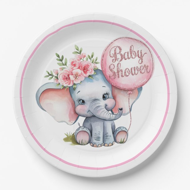 Cute Elephant with Pink Balloons Girl Baby Shower Paper Plates (Front)