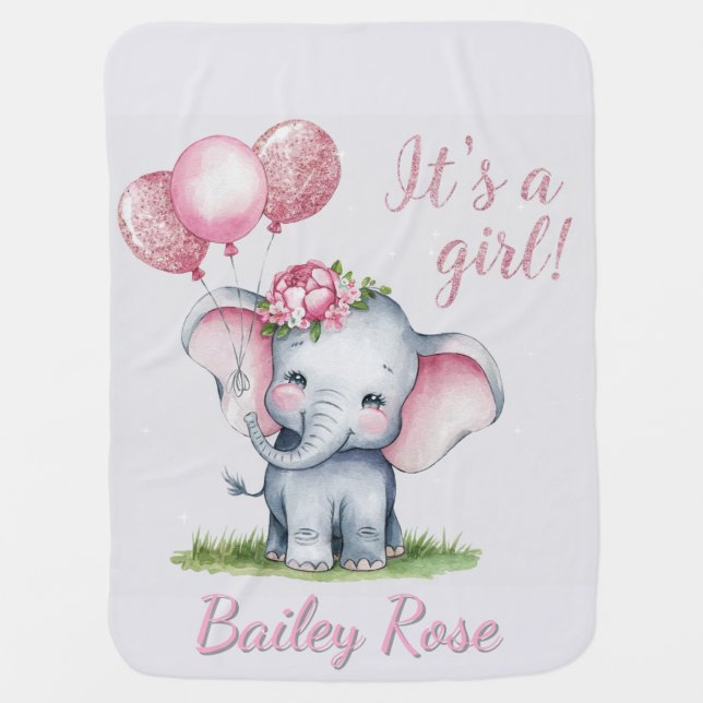Cute Elephant with Pink Balloons Girl Gift Baby Blanket (Front)