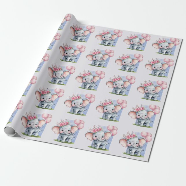 Cute Elephant with Pink Balloons Girl  Wrapping Paper (Unrolled)