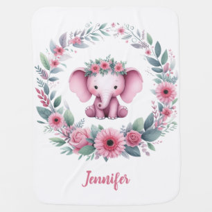 Cute Elephant with Pink Floral Baby Blanket