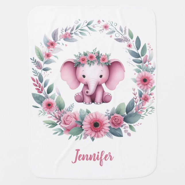 Cute Elephant with Pink Floral Baby Blanket (Front)