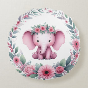 Cute Elephant with Pink Floral Round Pillow