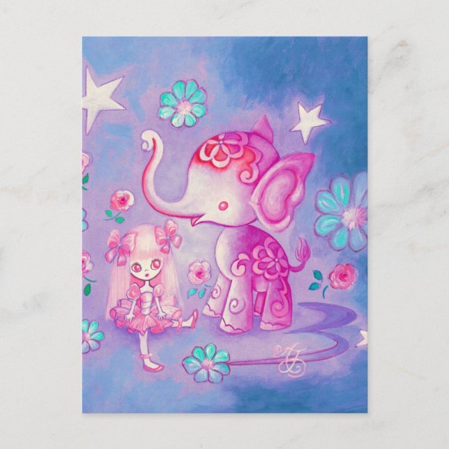 Cute Elephant With Pink Haired Girl Postcard (Front)