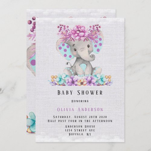 Cute Elephant with Purple Teal Floral Baby Shower Invitation