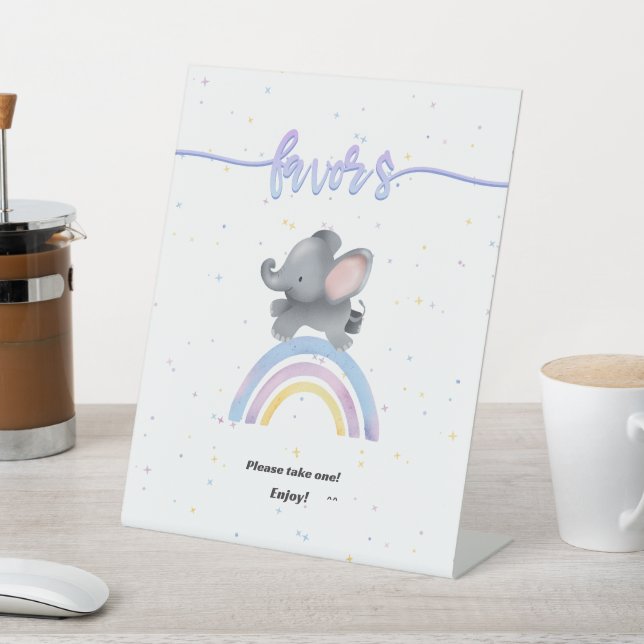 Cute Elephant with Rainbow Baby Shower Favors Pedestal Sign (In SItu)